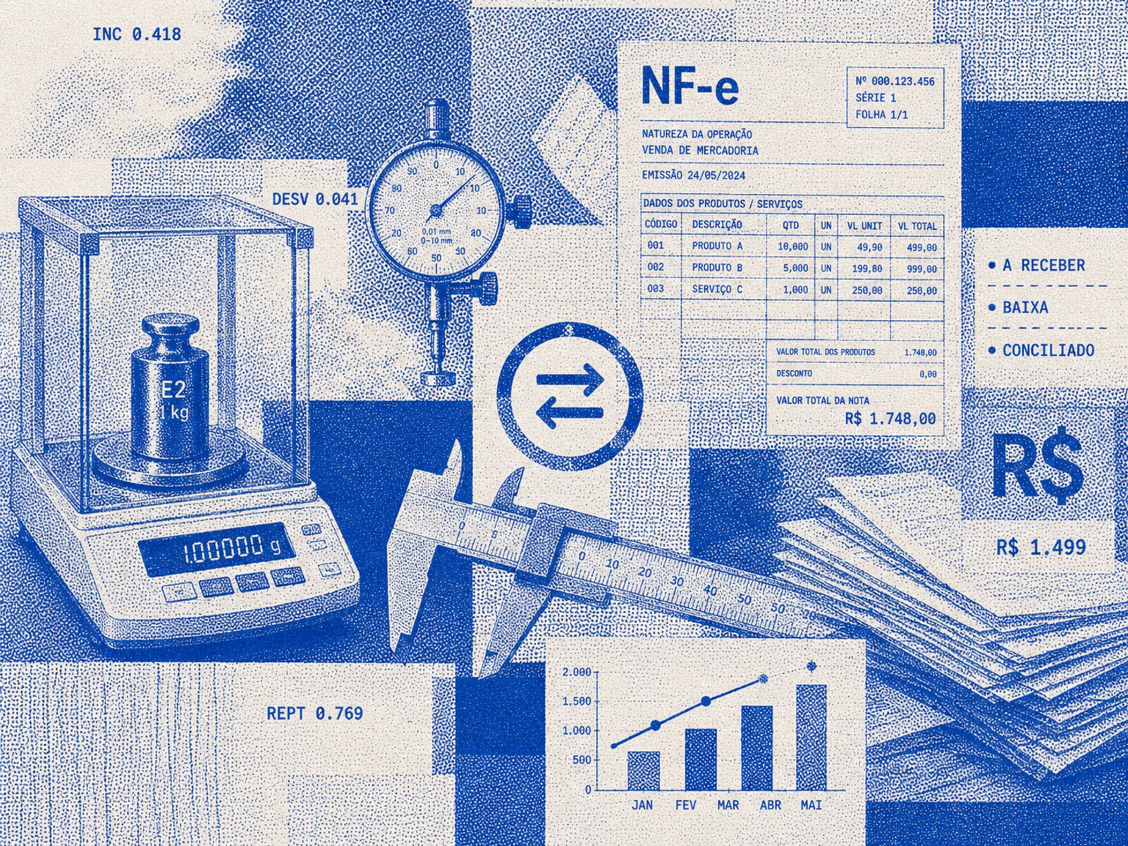 Colagem técnica em halftone azul unindo metrologia e financeiro: balança analítica, massa-padrão E2, relógio comparador e paquímetro ao lado de uma NF-e, documentos fiscais, gráfico de receita e uma seta de sincronização de mão dupla.
